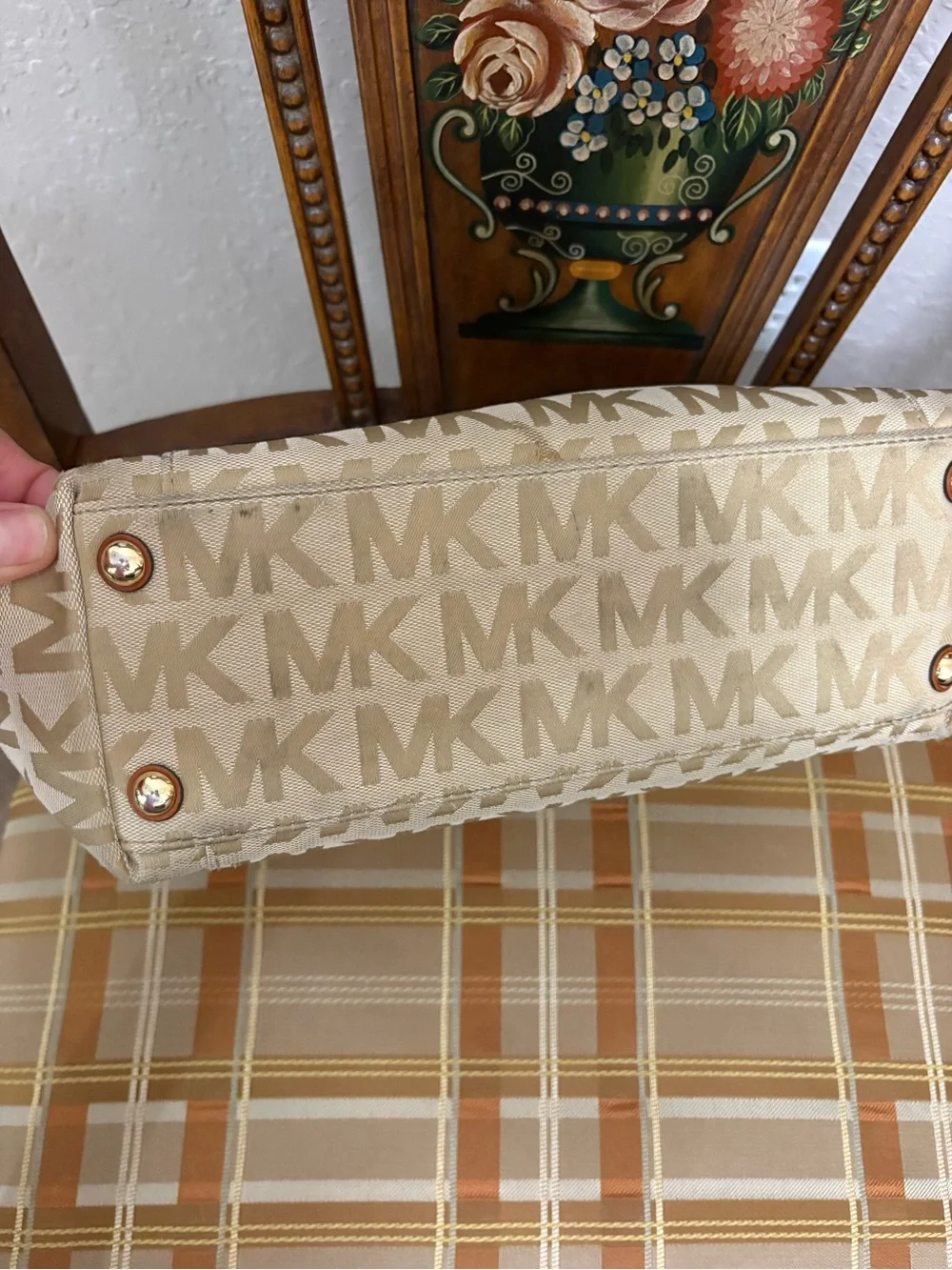Michael Kors Cream Signature MK Tote with Tan Leather Straps